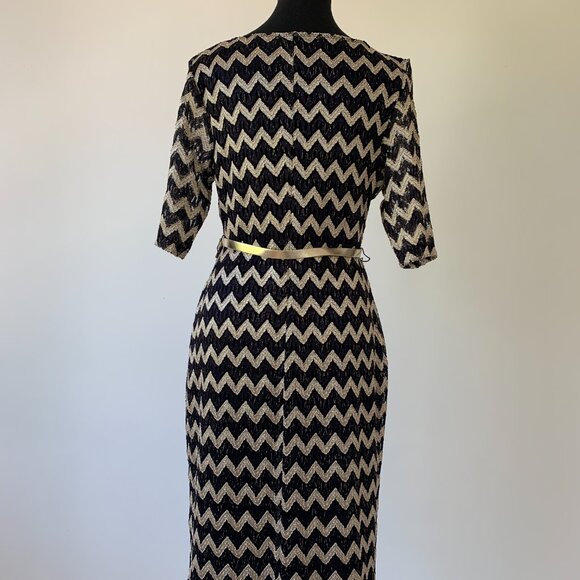 Connected Apparel Navy Blue and Gold Dress with Vegan Leather Belt - Size 12 - Picture 7 of 7